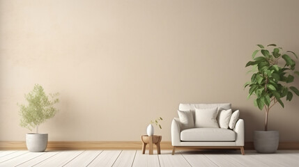 Interior of living room with coffee table and beige sofa