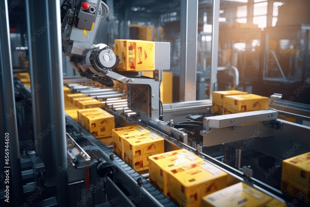 Poster a picture of a conveyor belt with boxes on it. this versatile image can be used to represent logisti