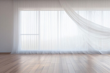 Blowing white lace curtains and wooden floors in the background of the empty modern minimalist room. Lifestyle concept for buildings and vacation. - obrazy, fototapety, plakaty