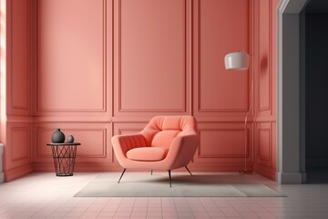 Contemporary retro living room with minimalist style and coral accents, featuring a vintage pink armchair against a coral wall on a white floor. 3D render. Generative AI