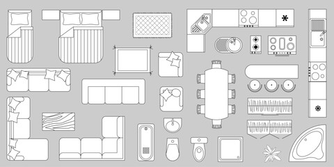 Furniture outline top view. Set of isolated linear icons for interior. Vector Illustration. Objects and elements for apartments, living room, bedroom, kitchen, bathroom. Bed, sofa, table. Floor plan © Volha