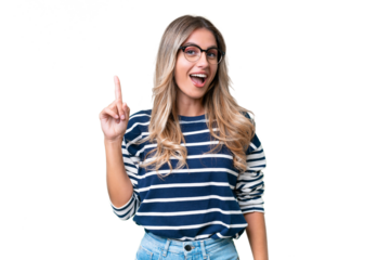 Young Uruguayan woman over isolated background intending to realizes the solution while lifting a finger up