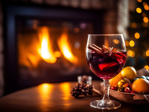 A glass of hot mulled wine with spaces, blurred fire place background, cozy winter drink