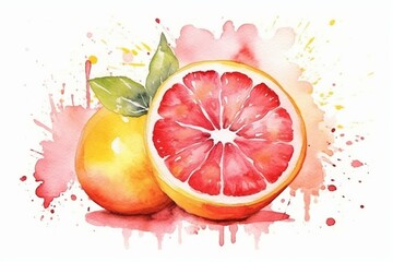 Watercolor grapefruit illustration in hand-drawn style with rectangular frame. Generative AI
