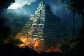 An ancient temple known as Maya, possibly from the Mayan civilization. Generative AI - obrazy, fototapety, plakaty