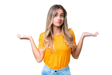 Young Uruguayan woman over isolated background having doubts while raising hands