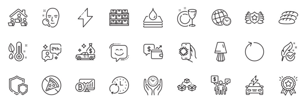 Icons pack as Car charging, Shields and Loyalty award line icons for app include Work home, Hypoallergenic tested, Table lamp outline thin icon web set. Bread, Time zone, Face search pictogram. Vector