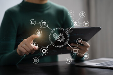 AI or Artificial Intelligence technology. Businessman using a smartphone and laptop computer chatting with an intelligent artificial intelligence. Futuristic technology, automate Chat Bot, Smart Ai.