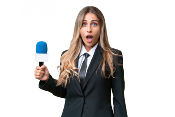 Young pretty Uruguayan tv presenter over isolated background with surprise facial expression