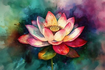 Vibrant watercolor artwork of a lotus blossom. Generative AI
