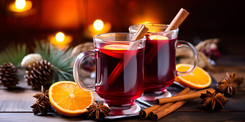 Mulled red wine in a glass mug with spices, blurred lights background 