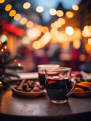 Close up of red mulled wine on a table, blurred Christmas market with lights in background