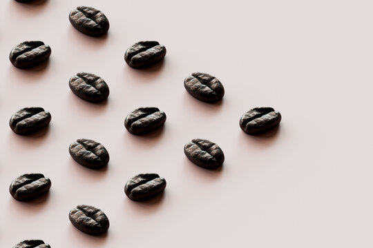 3D render of rows of roasted coffee beans against white background
