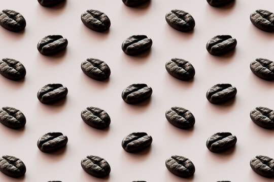3D pattern of rows of roasted coffee beans against white background