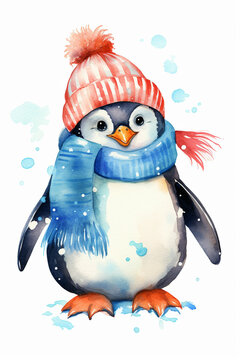 penguin in winter hat watercolor clipart