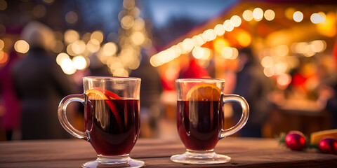 Two glass mugs with mulled wine on a table, blurred Christmas market with lights in background
