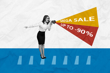 Promo billboard collage of bossy woman scream mega sale up to -90 percent special black friday sale...