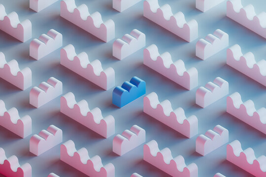 3D pattern of pink wavy toy blocks with single blue one in center