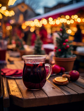 Close up of red mulled wine on a table, blurred Christmas market with lights in background