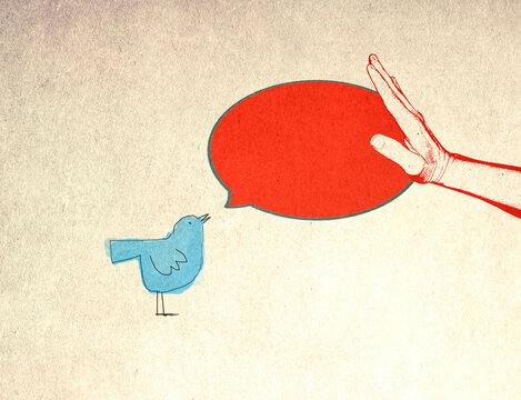 Illustration of hand blocking speech bubble of blue bird symbolizing social media