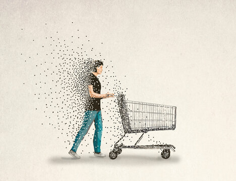 Illustration of disappearing woman pushing empty shopping cart