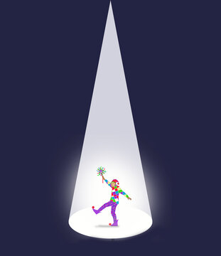 Male jester illuminated by spotlight