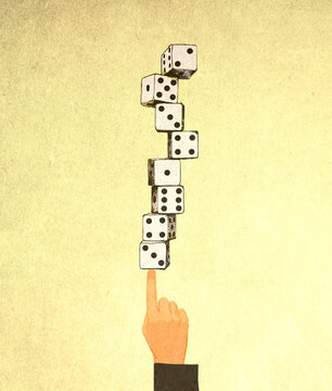Illustration of index finger balancing row of dice