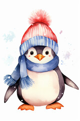 Naklejka premium penguin in winter hat watercolor clipart