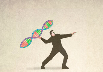 Illustration of man throwing DNA model symbolizing genetic research