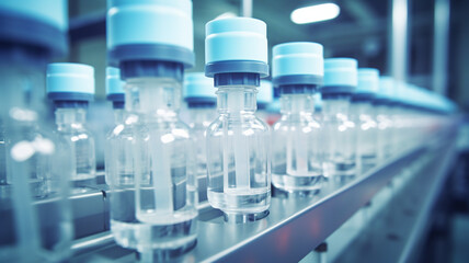 Group of Vaccine bottles. Medicine in ampoules. Glass vials for liquid samples in laboratory. medical vials on production