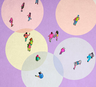 Illustration of spot lit pedestrians walking across purple background