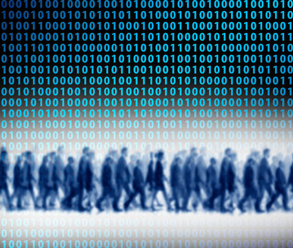 Illustration of crowd of people walking against floating binary code