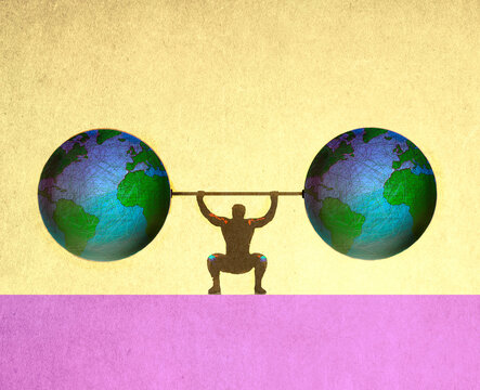 Illustration of man lifting barbel made of planet Earth globes