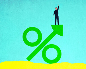 Illustration of man standing on top of oversized percentage sign