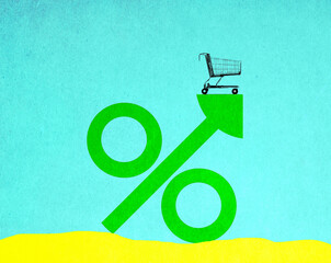 Illustration of empty shopping cart standing on top of oversized percentage sign
