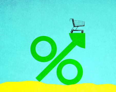 Illustration of empty shopping cart standing on top of oversized percentage sign