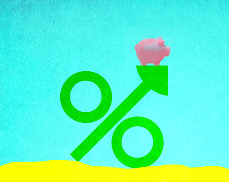 Illustration of piggy bank standing on top of oversized percentage sign