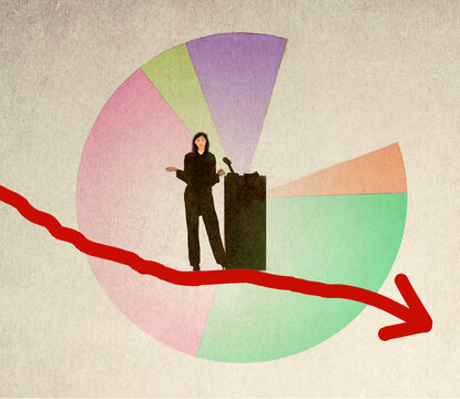 Illustration of female speaker standing on red arrow descending against pie chart