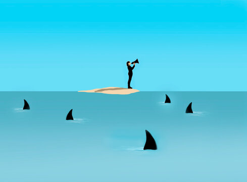 Illustration of castaway shouting through megaphone on desert island surrounded by sharks