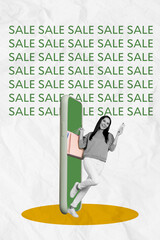 Banner collage poster of beautiful happy girl make order online shop buy limited collection big...