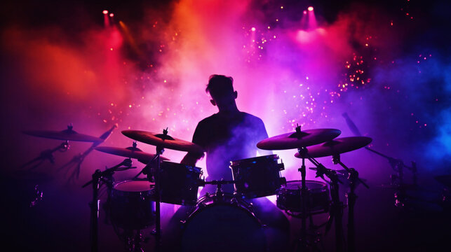 Drummer playing on drums in cloud colorful dust. World music day banner with musician and musical instrument on abstract colorful dust background. Music event, Expression, symphony, colorful design - Powered by Adobe