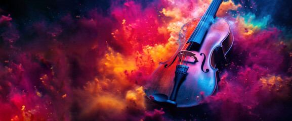Cello in cloud colorful dust. World music day banner with musician and musical instrument on...