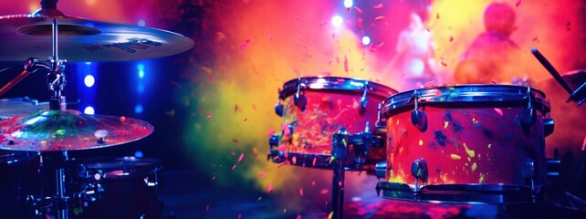 Drummer playing on drums in cloud colorful dust. World music day banner with musician and musical instrument on abstract colorful dust background. Music event, Expression, symphony, colorful design