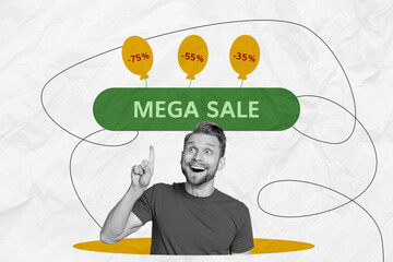 Banner sketch collage poster of excited cheerful man recommend visit market supermarket mega sale...