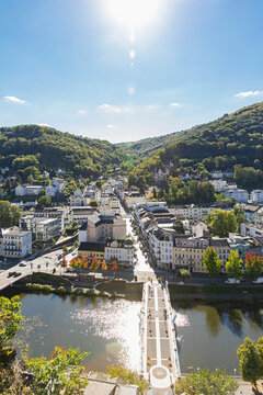 Germany, Rhineland-Palatinate, Bad Ems,Summer sun shining over spa town on Lahn river