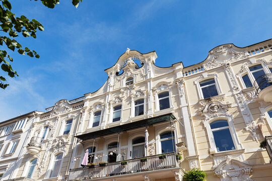 Germany, Rhineland-Palatinate, Bad Ems, Ornate facade of historic apartment building