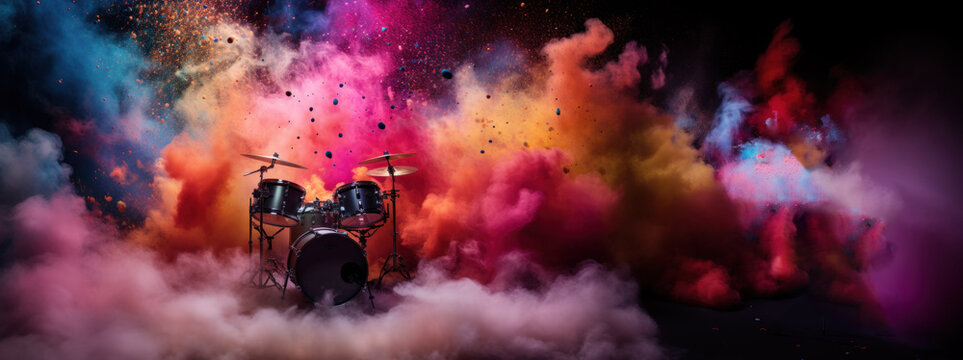 Drum Kit in cloud colorful dust. World music day banner with musician and musical instrument on abstract colorful dust background. Music event, Expression, symphony, colorful design