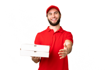 pizza delivery man with work uniform picking up pizza boxes over isolated chroma key background shaking hands for closing a good deal