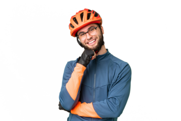 Young cyclist man over isolated chroma key background with glasses and smiling