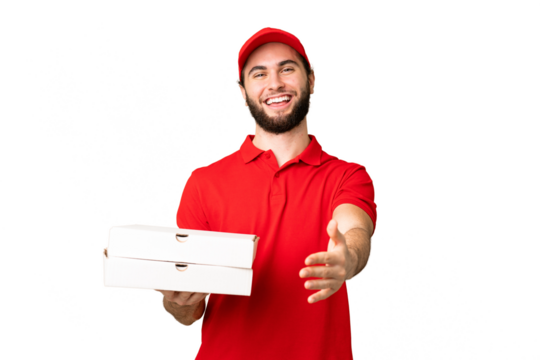pizza delivery man with work uniform picking up pizza boxes over isolated chroma key background shaking hands for closing a good deal